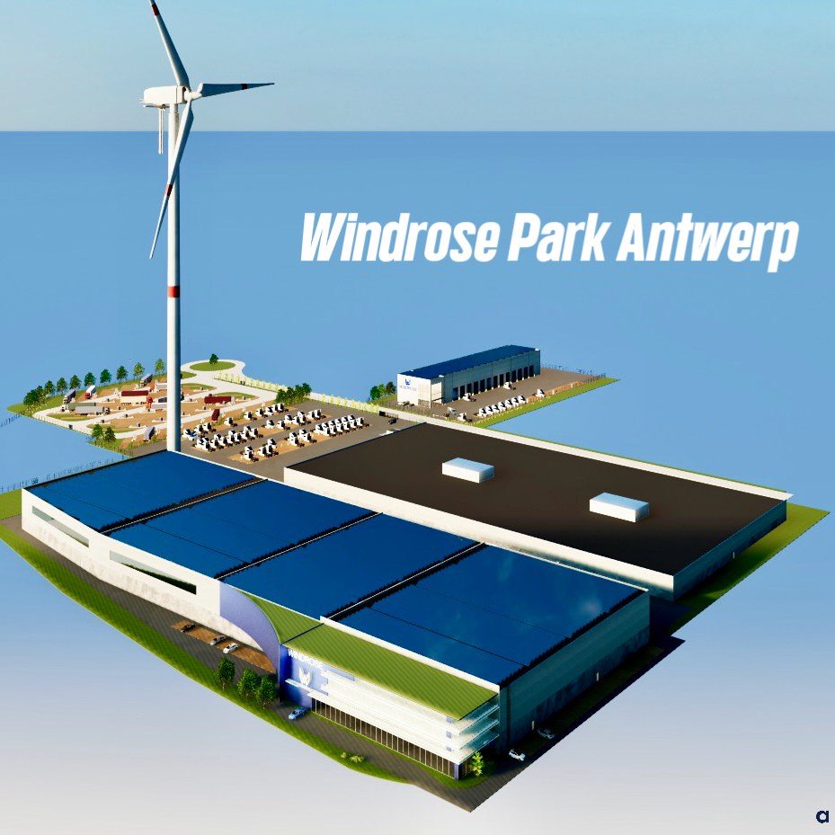 Windrose Park Antwerp — aerial rendering of the assembly facility, warehouse, and site wind turbine
