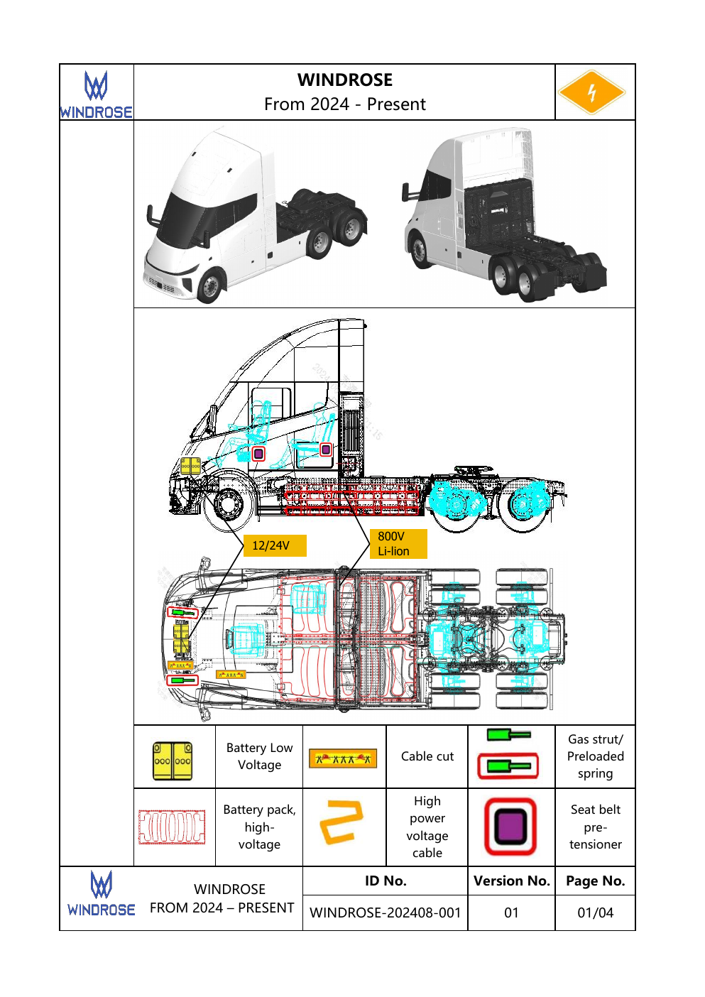 Windrose Emergency Response Guide page 1 — title, vehicle identifiers, stored energy icons
