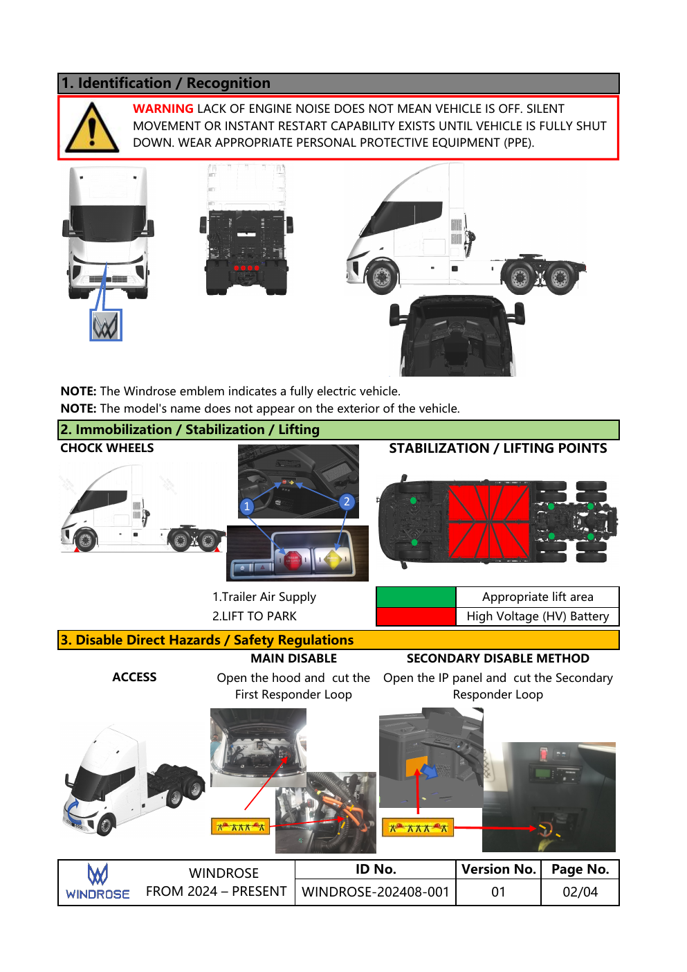 Windrose Emergency Response Guide page 2 — identification, immobilization, lifting, disable hazards