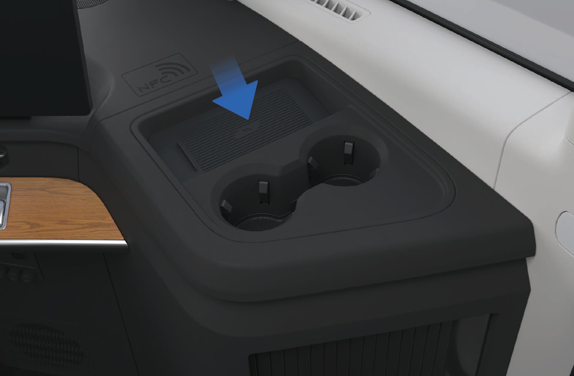 The diagram shows the side panel of a vehicle with two black plastic compartments, one for a phone and one for a tablet, both equipped with wireless charging pads. AI-generated content may be incorrect.